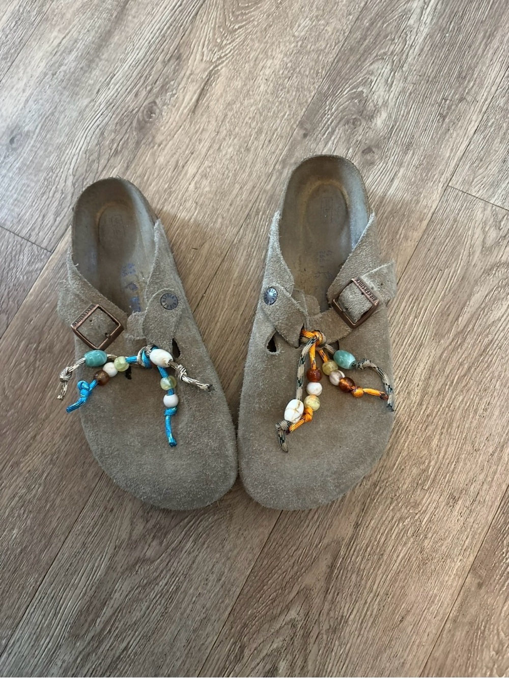 Birkenstock Suede Beaded Clog Mules in Taupe with Multicolor Beads